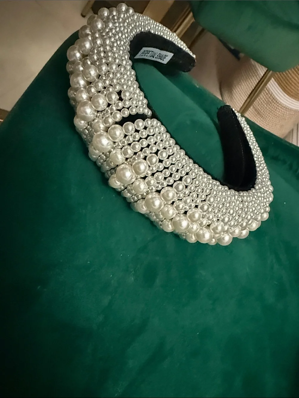 Beaded Velvet & Pearl Padded Headband - Silver Pearlescent - NEVER WORN